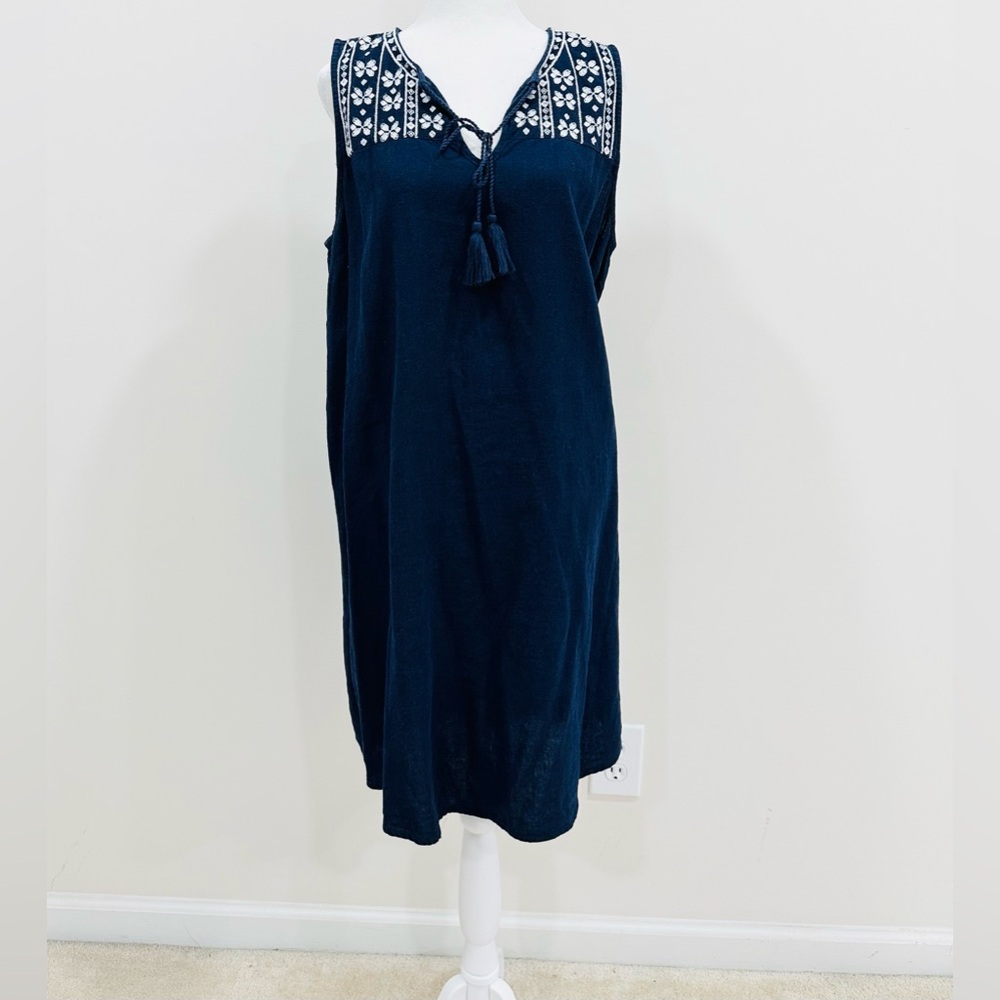 Gap Dress Womens Sleeveless Sundress Mini Linen Blend Embroidery Navy Blue Sz L‎
